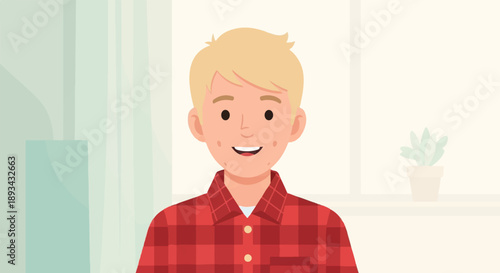 Cartoon portrait of a smiling young blond boy in a red plaid shirt