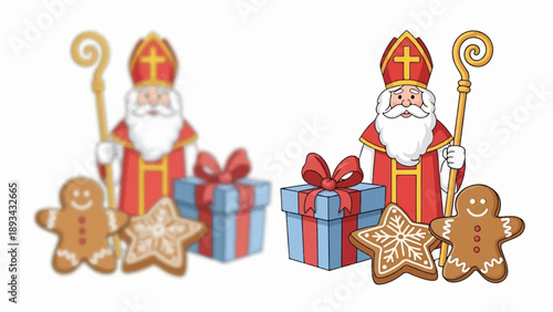 Cheerful figure in festive attire with gifts and holiday cookies