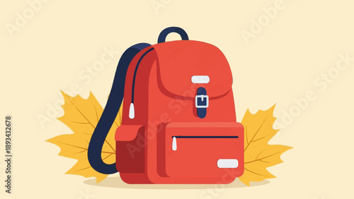 Bright red backpack rests against yellow autumn leaves, simple flat design