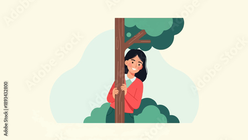 Cheerful person peeking from behind tree amidst greenery
