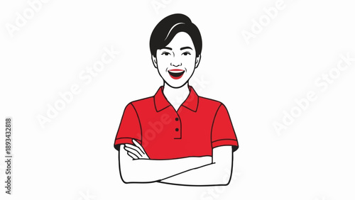 Cheerful person with short dark hair wearing a red collared shirt