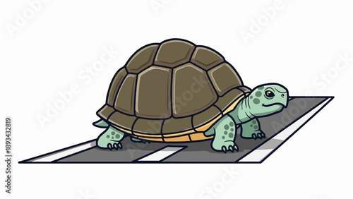 Cartoon tortoise slowly journeys forward on a grey road
