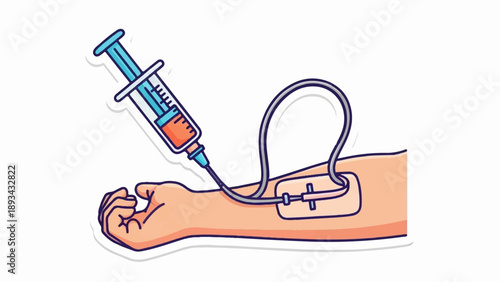 Cartoon arm with syringe and IV drip, medical procedure illustration