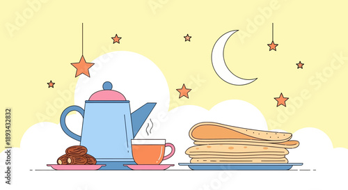 Teapot and cup with chocolate cake.