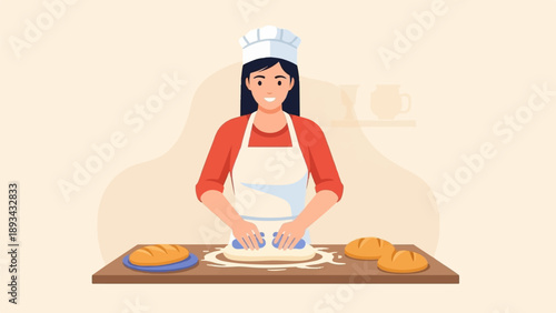 Cheerful person wearing chef's hat and apron kneads dough on counter
