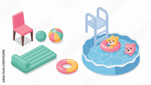 Cartoon animals enjoy a day at the pool with floats and toys
