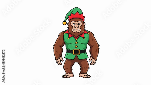 Cartoon ape creature dressed as a festive elf with a pointed hat