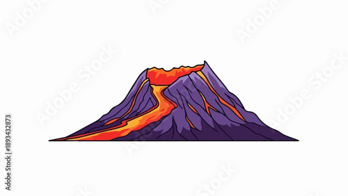 Cartoon volcano erupting with molten lava flowing down its purple slopes