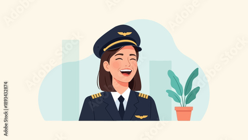 Cheerful pilot in uniform smiles broadly against a muted background