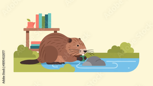 Cartoon beaver by a bookshelf and pond with a rock