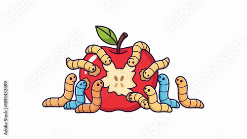 Cartoon worms of different colors happily surrounding and eating a red apple