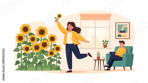 Cheerful woman with sunflower next to man working on laptop in room