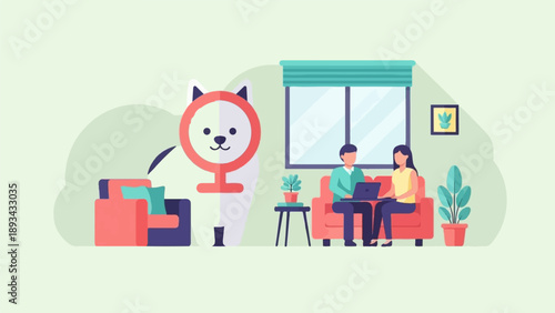 Cartoonish scene of a white dog and two people on a sofa using laptops