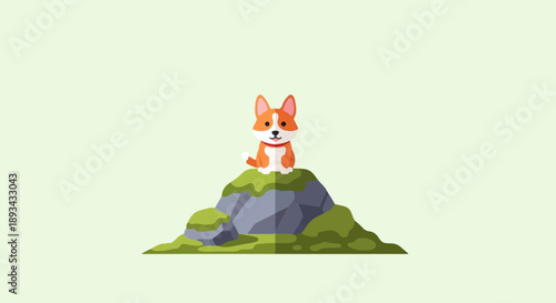Cartoon corgi dog sits atop a grassy, rocky hill