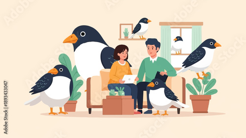 Cartoon couple interacts with birds inside a cozy home with plants
