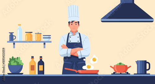 Chef cooking fried eggs, with ingredients and kitchenware