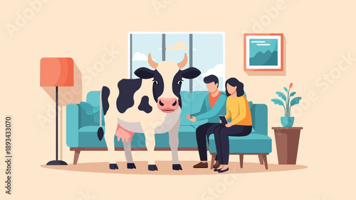 Cartoon cow in living room with people using technology