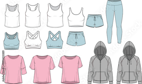 Women's activewear clothing set illustration showing tops bras shorts leggings hoodies for fitness yoga gym fashion design collection use