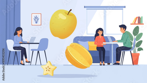 Casual meeting in a bright room with floating fruits