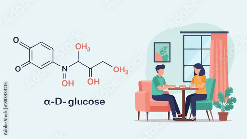 Chemical structure of a-D-glucose next to a couple enjoying drinks