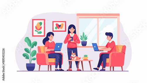 Casual work from home scene with people, dog, plants, and laptops