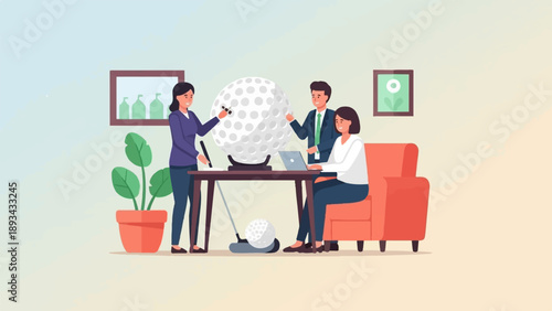 Colleagues discuss large golf ball in office setting with plant and furniture