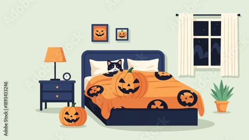 Cat in bed with Halloween blanket and pumpkins, window at night