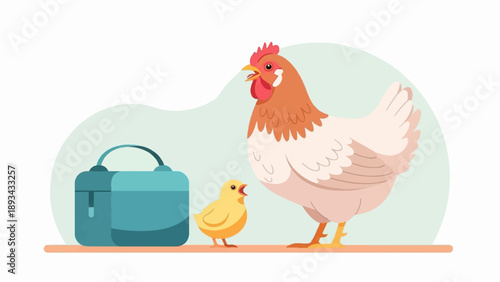 Chicken and chick stand near a turquoise bag on a shelf