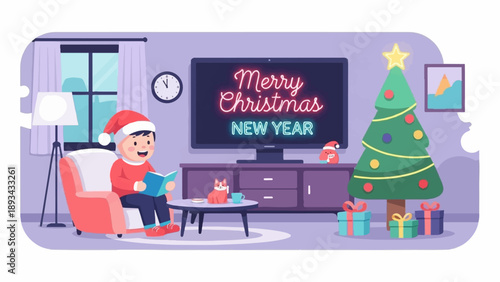 Child in Santa hat reads book by cozy fireplace with decorated Christmas tree