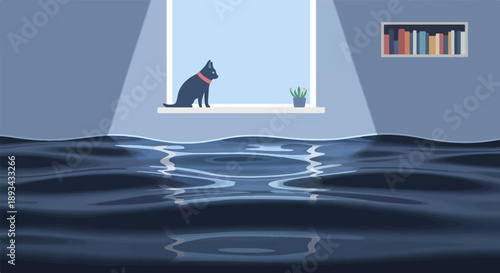 Cat watches flooding waters rise inside room from windowsill