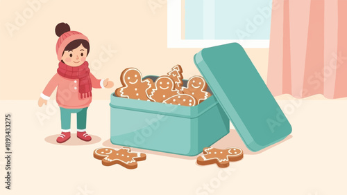 Child in winter attire offers gingerbread cookies from a tin