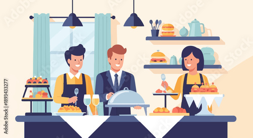 Caterers serve food and drinks at an event with a manager overseeing