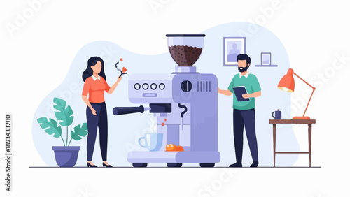 Colleagues in an office prepare coffee using a modern espresso machine
