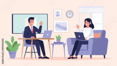 Colleagues in a home office setting communicate virtually on laptops