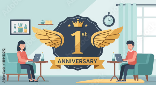 Celebrating a 1st anniversary with remote work and festive emblem