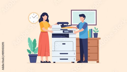 Colleagues use a modern office copier with plants, clock, and shelves