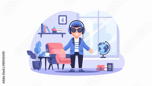 Character in headphones enjoys room with globe, books, and coffee