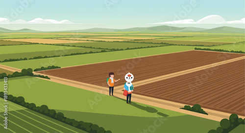 Characters stand on a path within a vast rural landscape of cultivated fields