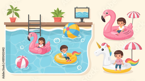 Children enjoy summer fun with inflatable toys and pool activities