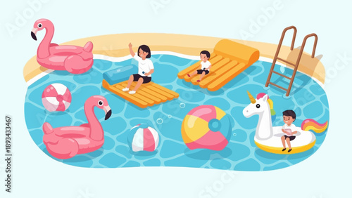 Children enjoying a refreshing pool day with inflatable toys