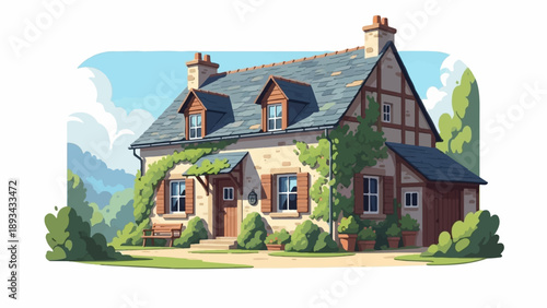 Charming stone cottage with overgrown vines, dormer windows, and lush greenery