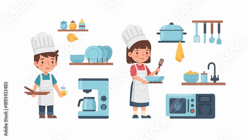 Children in chef hats prepare food in a bright kitchen setting
