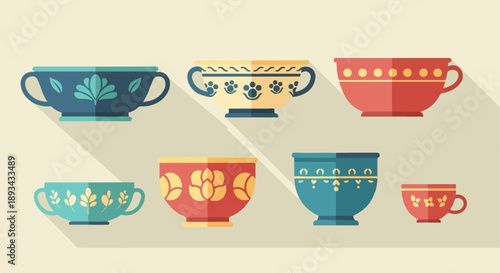 Collection of decorative, patterned ceramic bowls and cups in flat design
