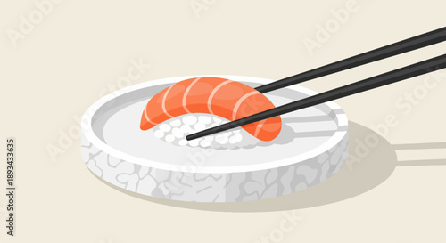 Chopsticks pick up a salmon sushi roll from a decorative plate