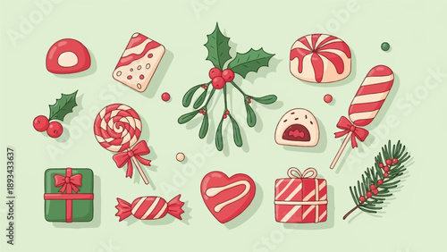 Christmas candies, mistletoe, and pine sprigs on light green background