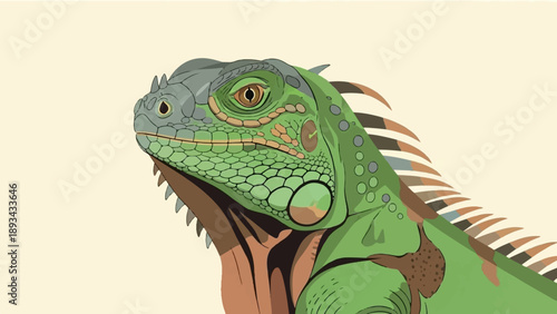Close-up pixel art portrait of a green iguana's head and neck