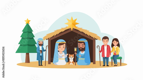 Christmas nativity scene with figures, a dog, and a decorated tree