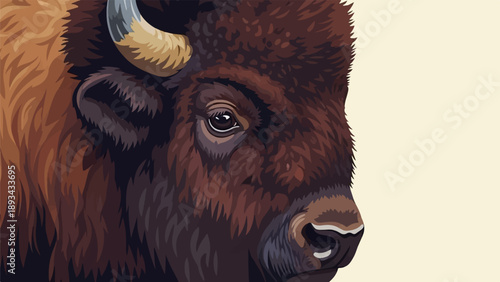 Close-up portrait of a buffalo with textured fur and a horn