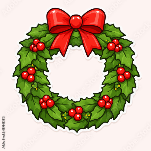 Christmas wreath, flat vector illustration, green leaves in circular shape, red berries, simple decorative style.