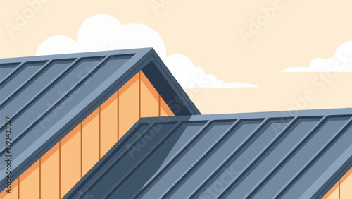 Close-up view of gray metal roofs and orange walls against a soft peach sky